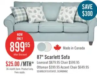 The Brick Made in Canada Scarlett 87 Chenille Fabric Sofa with Rolled Arms and Accent Pillows - Marine Blue offer