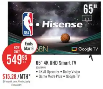 The Brick Hisense 65 4K UHD HDR10 Dolby Vision 60Hz Google Smart TV (65A68N) offer