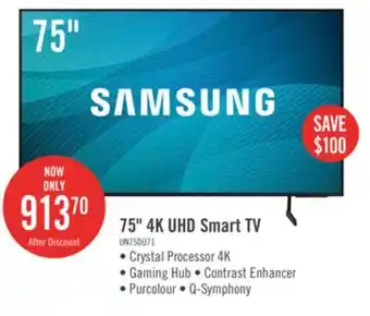 The Brick Samsung 75 4K UHD Direct Lit PurColour HDR10+ 60Hz Smart TV (UN75DU7100FXZC) offer