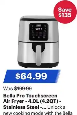 Best Buy Bella Pro Touchscreen Air Fryer - 4.0L (4.2QT) - Stainless Steel - Only at Best Buy offer