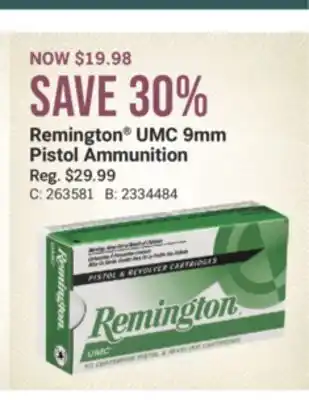 Cabela's Remington UMC 9mm Pistol Ammunition offer