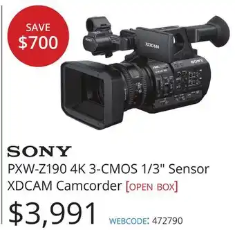 Vistek SONY PXW-Z190 4K 3-CMOS 1/3 Sensor XDCAM Camcorder offer