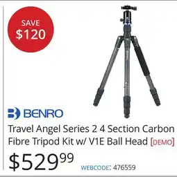 Vistek Travel Angel Series 2 4 Section Carbon Fibre Tripod Kit w/V1E Ball Head offer