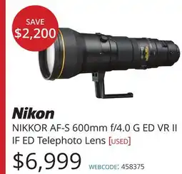 Vistek Nikon NIKKOR AF-S 600mm f/4.0 G ED VR II IF ED Telephoto Lens [used] offer