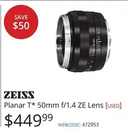 Vistek Zeiss Planar T* 50mm f/1.4 ZE Lens offer