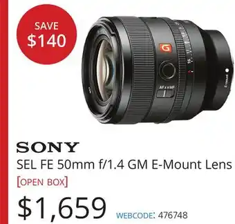 Vistek SONY SEL FE 50mm f/1.4 GM E-Mount Lens offer