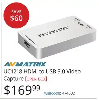 Vistek AVMATRIX UC1218 HDMI to USB 3.0 Video Capture offer