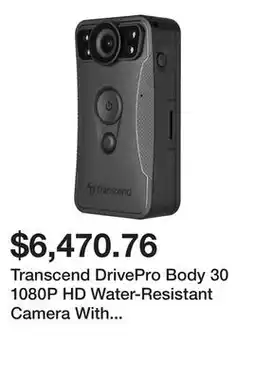 Newegg Transcend DrivePro Body 30 1080P HD Water-Resistant Camera With Night Vision Recording offer