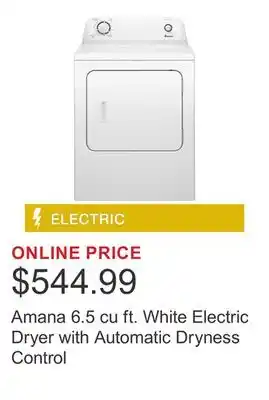 Costco Amana 6.5 cu ft. White Electric Dryer with Automatic Dryness Control offer