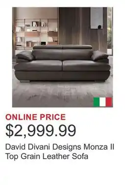 Costco David Divani Designs Monza II Top Grain Leather Sofa offer