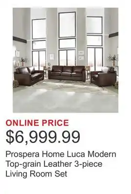 Costco Prospera Home Luca Modern Top-grain Leather 3-piece Living Room Set offer