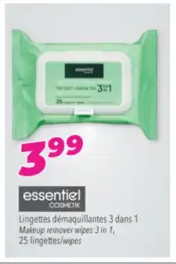 Familiprix ESSENTIEL COSMETIK, 3 dans 1 Makeup remover wipes 3 in 1, 25 wipes offer