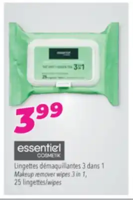 Familiprix ESSENTIEL COSMETIK, 3 dans 1 Makeup remover wipes 3 in 1, 25 wipes offer