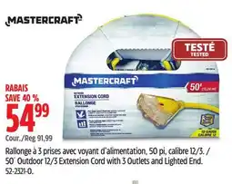 Canadian Tire Mastercraft 50´ Outdoor 12/3 Extension Cord with 3 Outlets and Lighted End offer