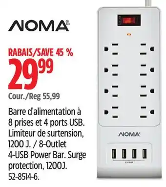 Canadian Tire 8-Outlet 4-USB Power Bar Surge protection, 1200J offer