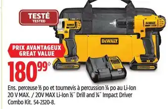 Canadian Tire DeWalt 20V MAX Li-Ion 1⁄2˝ Drill and 1⁄4˝ Impact Driver Combo Kit offer