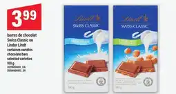 Maxi BARRES DE CHOCOLAT SWISS CLASSIC OU LINDOR LINDT | chocolate bars, 100 g offer