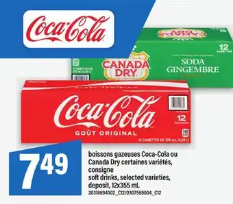 Maxi BOISSONS GAZEUSES COCA-COLA OU CANADA DRY | consigne soft drinks 12x355 mL offer