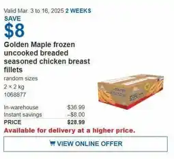 Costco Golden Maple frozen uncooked breaded seasoned chicken breast fillets offer