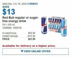 Costco Red Bull regular or sugar- free energy drink offer