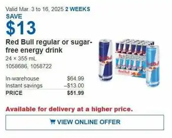 Costco Red Bull regular or sugar- free energy drink offer