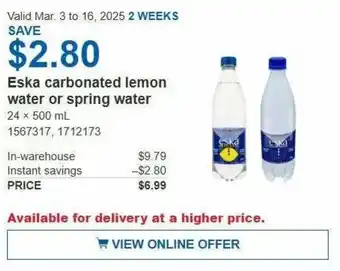 Costco Eska carbonated lemon water or spring water offer