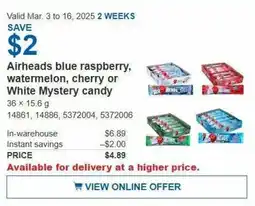 Costco Airheads blue raspberry, watermelon, cherry or White Mystery candy offer