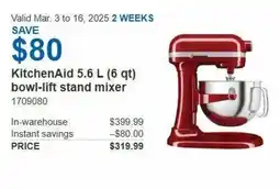 Costco KitchenAid 5.6 L (6 qt) bowl-lift stand mixer offer