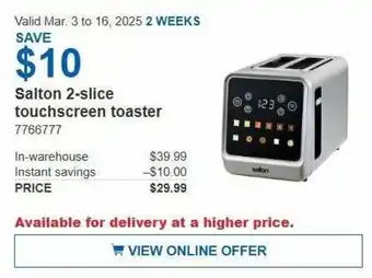 Costco Salton 2-slice touchscreen toaster offer