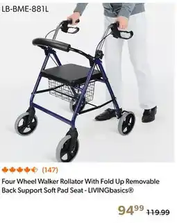 Shopper+ LIVINGbasics Four Wheel Walker Rollator With Fold Up Removable Back Support Soft Pad Seat offer