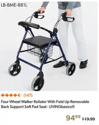 Shopper+ LIVINGbasics Four Wheel Walker Rollator With Fold Up Removable Back Support Soft Pad Seat offer