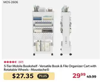 Shopper+ Moustache 5-Tier Mobile Bookshelf - Versatile Book & File Organizer Cart with Rotatable Wheels offer