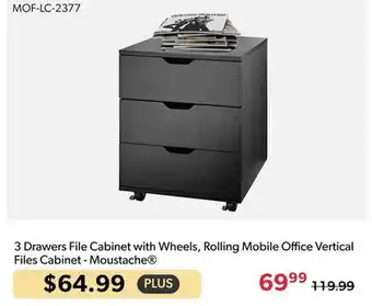 Shopper+ Moustache 3 Drawers File Cabinet with Wheels, Rolling Mobile Office Vertical Files Cabinet offer