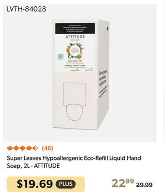 Shopper+ Super Leaves Hypoallergenic Eco-Refill Liquid Hand Soap, 2L - ATTITUDE offer