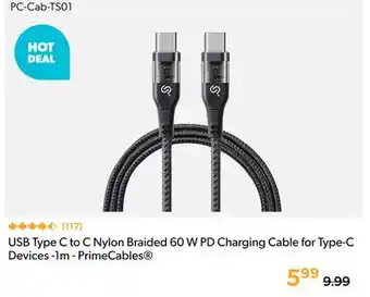 Primecables PrimeCables USB Type C to C Nylon Braided 60 W PD Charging Cable for Type-C Devices -1m offer