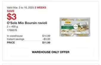 Costco O'Sole Mio Boursin ravioli offer