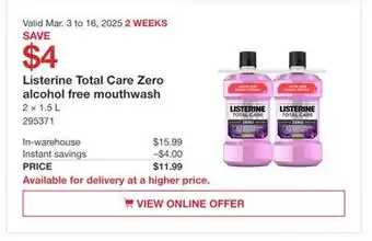 Costco Listerine Total Care Zero alcohol free mouthwash offer