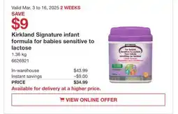 Costco Kirkland Signature infant formula for babies sensitive to lactose offer