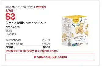 Costco Simple Mills almond flour crackers offer