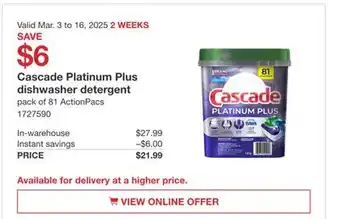 Costco Cascade Platinum Plus dishwasher detergent offer