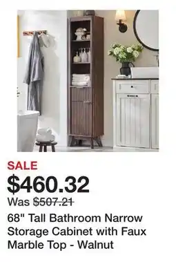 Bed Bath & Beyond 68 Tall Bathroom Narrow Storage Cabinet with Faux Marble Top - Walnut offer