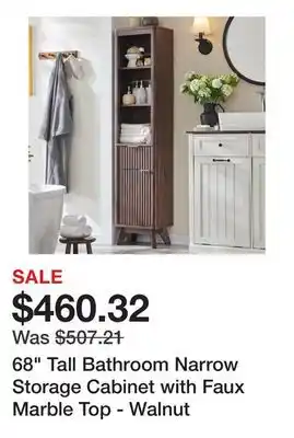 Bed Bath & Beyond 68 Tall Bathroom Narrow Storage Cabinet with Faux Marble Top - Walnut offer