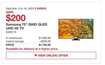 Costco Samsung 75 Q80D QLED UHD 4K TV offer