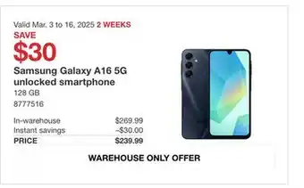 Costco Samsung Galaxy A16 5G UNLOCKED SMARTPHONE offer