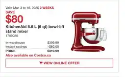 Costco KitchenAid 5.6 L (6 at) bowl-lift stand mixer offer