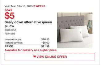 Costco Sealy Down alternative queen pillow offer