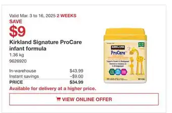 Costco Kirkland Signature ProCare infant formula offer