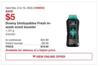 Costco Downy Unstopables Fresh in-wash scent booster offer