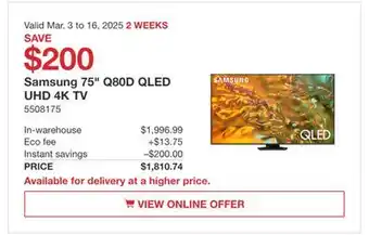 Costco Samsung 75 Q80D QLED UHD 4K TV offer