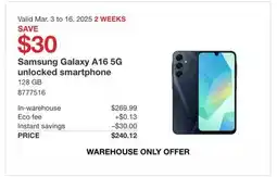 Costco Samsung Galaxy A16 5G unlocked smartphone offer